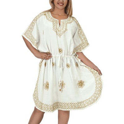 LA LEELA Women's House Daily Routine Evening Wear Loungewear Solid Casual Relaxed Caftan Knee Length Cover Up Dresses for Women 2X-3X White, Solid