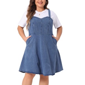 Agnes Orinda Women's Plus Size Denim Adjustable Straps Pockets Jean Overall A-Line Dresses - 1 of 4