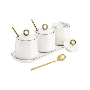 Aoibox Porcelain Sugar Bowl Set with Lid and Spoon, 3-Piece Condiment Jars for Coffee Bar, Salt and Spice Containers with Tray - 1 of 4