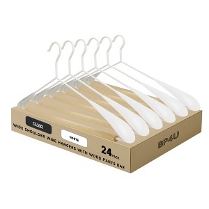 BP4U Heavy Duty Metal Wide Shoulder Hangers with Beech Wood Pants Bar, Welded Suit Hangers with Ergonomic Shape-Preserving Design  - Black/White - 1 of 4