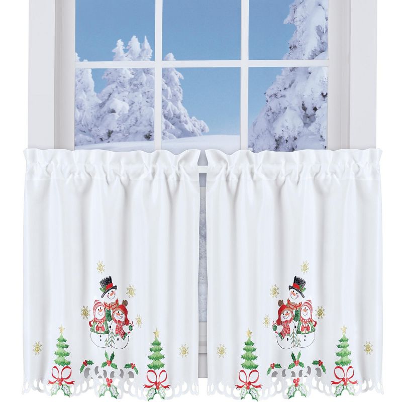 Collections Etc Lovely Snow Family Embroidered Christmas Kitchen Curtains 24"L Tiers, 1 of 4