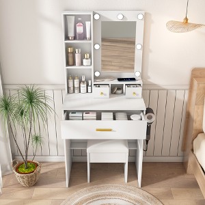 ORRD White Vanity Table with LED Mirror, Power Outlet, Hairdryer Holder & Stool - 1 of 4