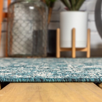 Teal and Gray Synthetic Medallion Runner Rug, 2'-2" x 8'