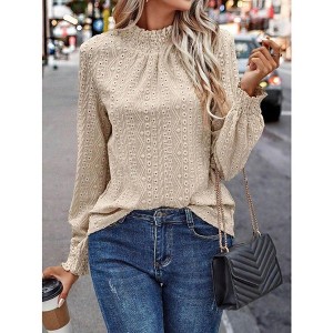 Coolmee Womens Casual Mock Neck Blouses Pleated Textured Shirts Long Sleeve Stretch Tunic Tops Dressy Fashion Blouse - 1 of 3