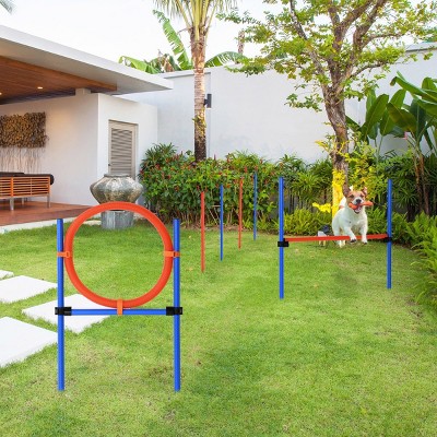 Dog Agility Training Set with Hurdles Weave Poles and Hoop,3 Piece Obstacle Course with Carry Bag for Small Backyards,Blue - LAOTIES