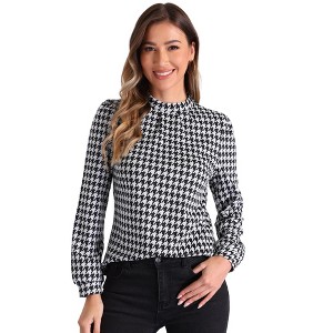 Allegra K Women's Houndstooth Print Mock Neck Long Sleeve Elegant Blouse - 1 of 4