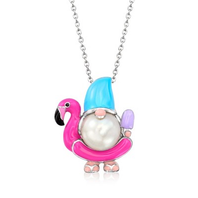 Ross-Simons 9-9.5mm Cultured Pearl and Multicolored Enamel Flamingo Floatie Gnome Pendant Necklace in Sterling Silver Size 18