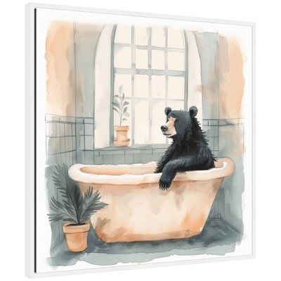 Kate & Laurel All Things Decor 30"x30" Sylvie Black Bear Bathroom Watercolor 2 Framed Canvas by The Creative Bunch Studio White