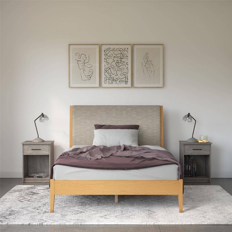 Joni Wood and Upholstered Platform Bed Beige Linen - Room & Joy, 3 of 13