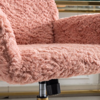 Pink Faux Fur Upholstered Office Chair with Gold Metal Base