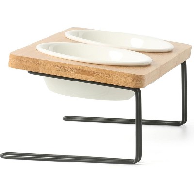 FUKUMARU Elevated Cat Ceramic Bowls, Small Dog 15° Tilted Raised Food Feeding Dishes, Solid Bamboo Water Stand