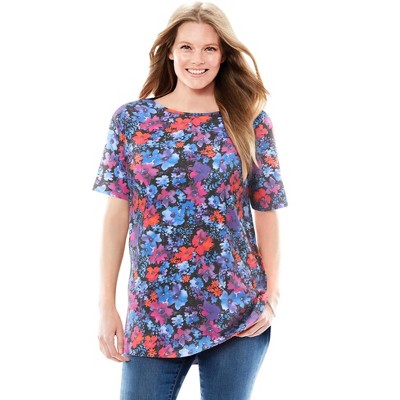 Woman Within Plus Size Perfect Printed Short-Sleeve Boatneck Tunic