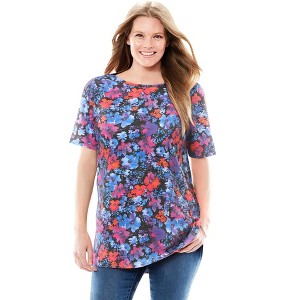 Woman Within Plus Size Perfect Printed Short-Sleeve Boatneck Tunic - 1 of 4