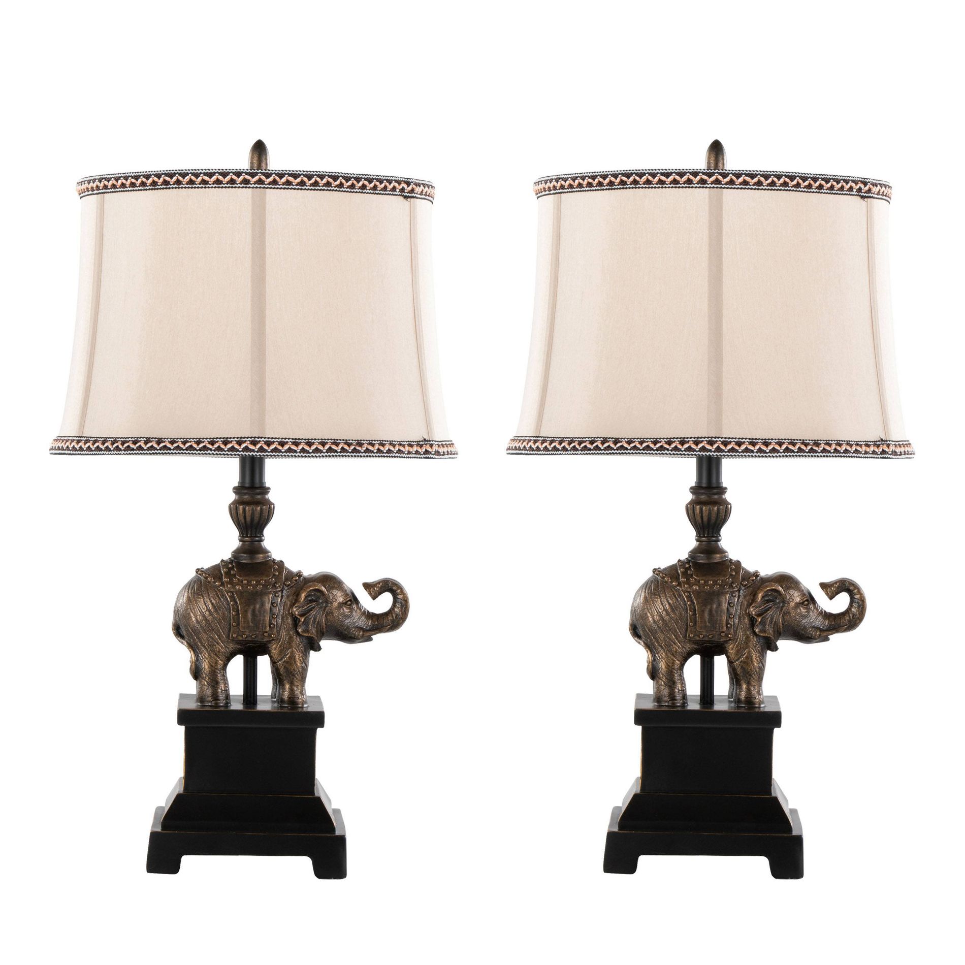 LumiSource Set of 2 Elephant 27" Polyresin Table Lamp in Bronze Polyresin with Natural Linen Soft Back Shade