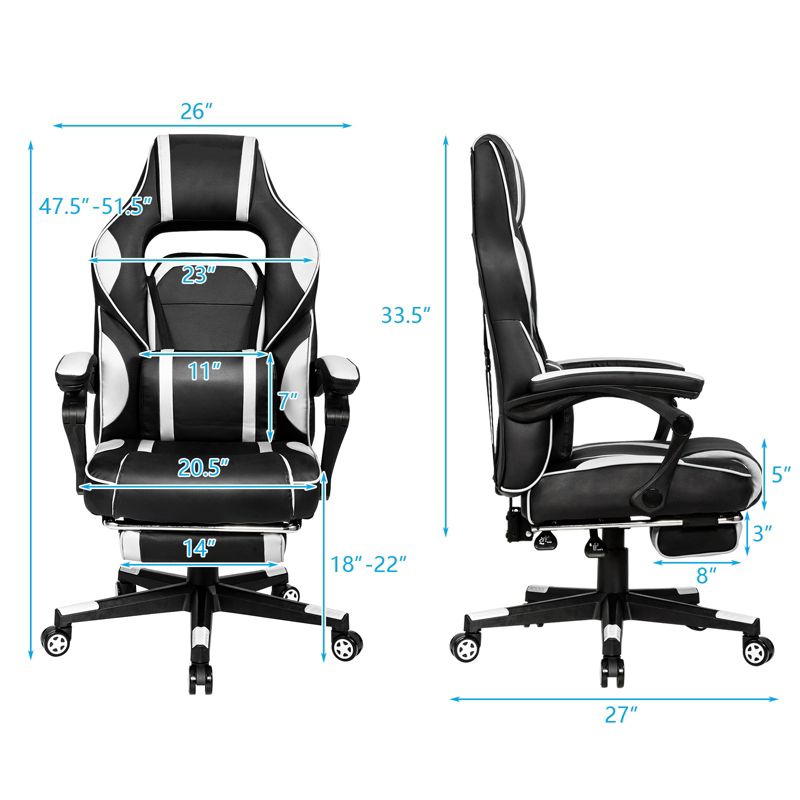 Tangkula Gaming Chair Height Adjustable with Cushion Ergonomic High Back Blue/Black/ Red/ White, 3 of 7