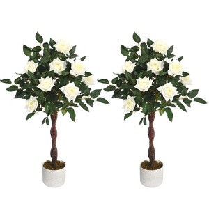 Orieon 3FT Artificial Rose Tree 2-Pack, Faux White Rose Bushes in Black Pots for Indoor and Outdoor Decor - 1 of 4