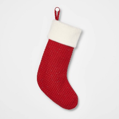 Blended Tweed Christmas Stocking Red with Faux Fur Cuff - Wondershop™