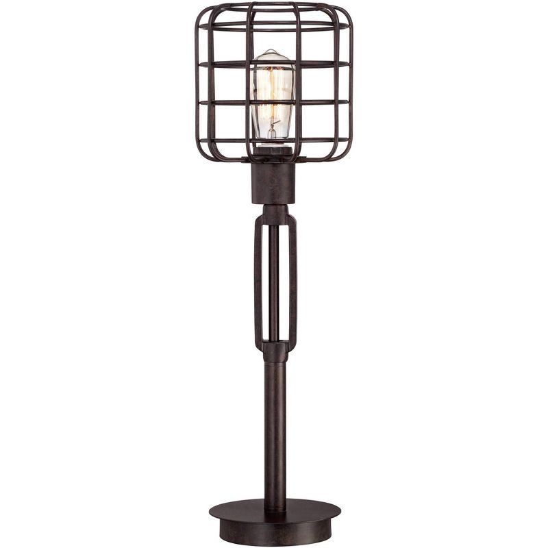 Franklin Iron Works Industrial Rustic Farmhouse Table Lamp 24" High Bronze Metal Cage Shade for Bedroom Living Room House Bedside Nightstand Office, 1 of 9