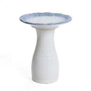 LuxenHome 20" Elegant Tall Ceramic Bird Bath for Outside with Feather Pattern, White and Blue Multicolored - 1 of 4