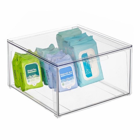 mDesign Clarity Plastic Stackable Bathroom Storage Organizer with Drawer -  14 x 14.6 x 8.2, 4 Pack