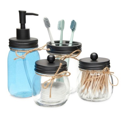 Okuna Outpost Set of 4 Clear Glass Mason Jar Bathroom Accessories Set with Soap Dispenser for Farmhouse Home Decor