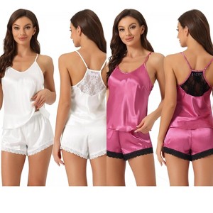 INSPIRE CHIC Women's 2 Pcs Satin Sleeveless Lace Trim Shorts Silky Short Pajama Sets - 1 of 4