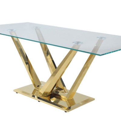 Contemporary Rectangular Clear Glass and Gold Dining Table
