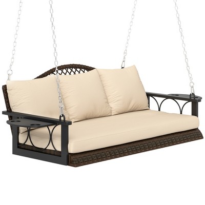 Outsunny 3 Person Outdoor Hanging Wicker Porch Swing Bench with Cup Holders, Cushions, and Chains, 800 LBS Capacity for Garden Backyard