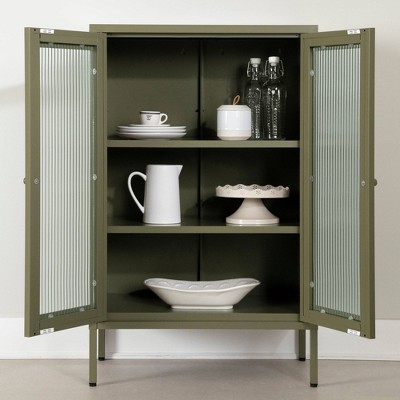 Olive Green Metal Storage Cabinet with Fluted Glass Doors