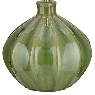 Handcrafted Ribbed Green Ceramic Table Lamp with Oatmeal Drum Shade