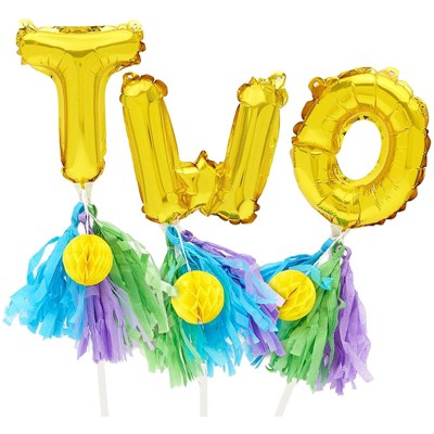 Sparkle and Bash Gold Foil "TWO" Balloons Cake Topper 7" with Tassels for 2nd Birthday Party Decorations