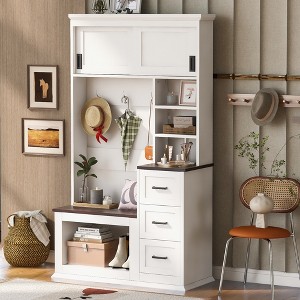 TIRAMISUBEST Modern Entryway Bench with Coat Rack, 3 Shelves and Drawers, 3 Sturdy Hooks, 40.2'' Wide Hall Tree with Storage Bench - 1 of 4