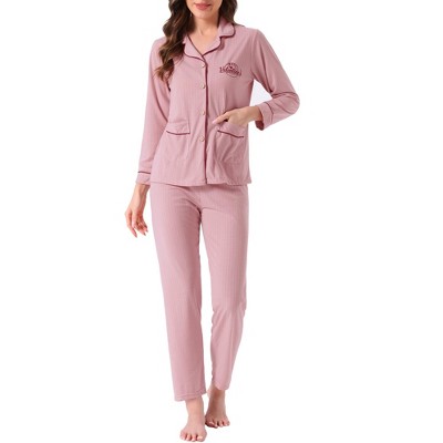 INSPIRE CHIC Women's Lounge Set Cotton Ribbed Button Up Long Sleeve Pants Pattern with Pocket Pajama Set Loungewear