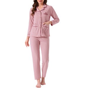 INSPIRE CHIC Women's Lounge Set Cotton Ribbed Button Up Long Sleeve Pants Pattern with Pocket Pajama Set Loungewear - 1 of 4