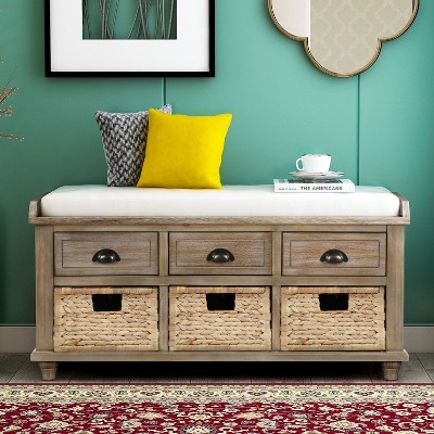 PAGED Storage Bench Modern Wooden Shoe Cabinet with Storage Space, Removable Cushion, Shutter-shaped Doors for Mudroom, Bedroom, Entryway