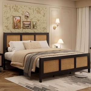 Boho Rattan Platform Bed Frame – Full/Queen/King Sizes, Strong Metal Slats (No Box Spring), Noise-Free Design w/ Headboard (White/Black) - 1 of 4