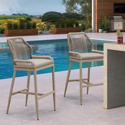 PURPLE LEAF Patio Sunbrella Bar Stools Set of 2 Handwoven Wicker Bar Height Stool Modern Aluminum Outdoor Wicker Barstools with Back and Cushion