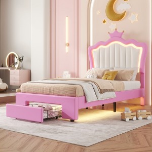 DOMETOUR Twin Size Upholstered Bed Frame with LED Lights, Modern Upholstered Princess Bed with Crown Headboard, a Drawer, Pink+White - 1 of 4