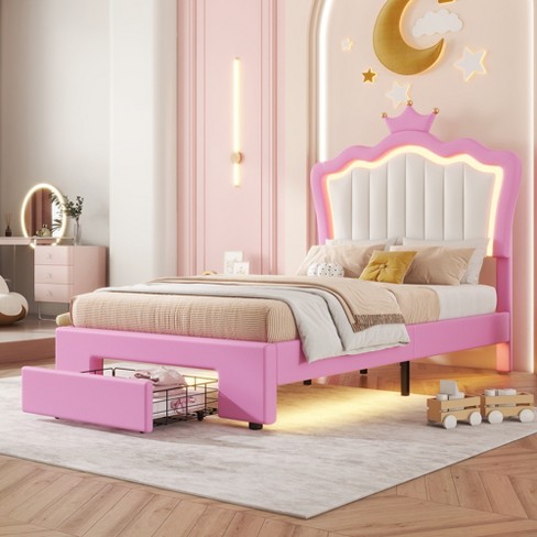 DOMETOUR Twin Size Upholstered Bed Frame with LED Lights, Modern Upholstered Princess Bed with Crown Headboard, a Drawer, Pink+White - image 1 of 4