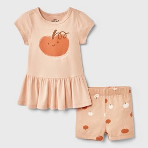 Baby Girls' 2pc Smiling Pumpkin Peplum T-Shirt and Bike Shorts Set - Cat & Jack™ Peach Orange - 1 of 4