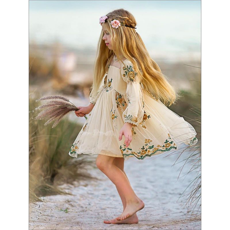 Girls Flower Embroidered Lace Dress - Mia Belle Girls, 3 of 6