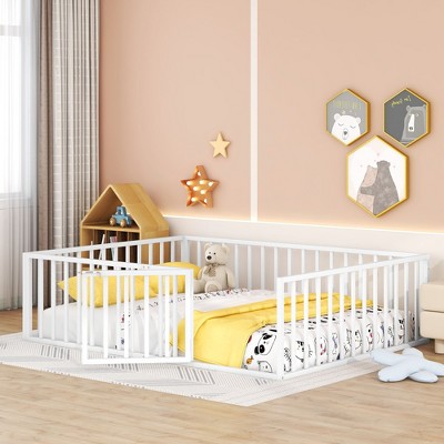 NicBex Kids Montessori Bed with Door,Metal Floor Bed with Fence,Twin/Full/Queen Size Toddler bed for Bedroom Playroom,Black/White/Pink