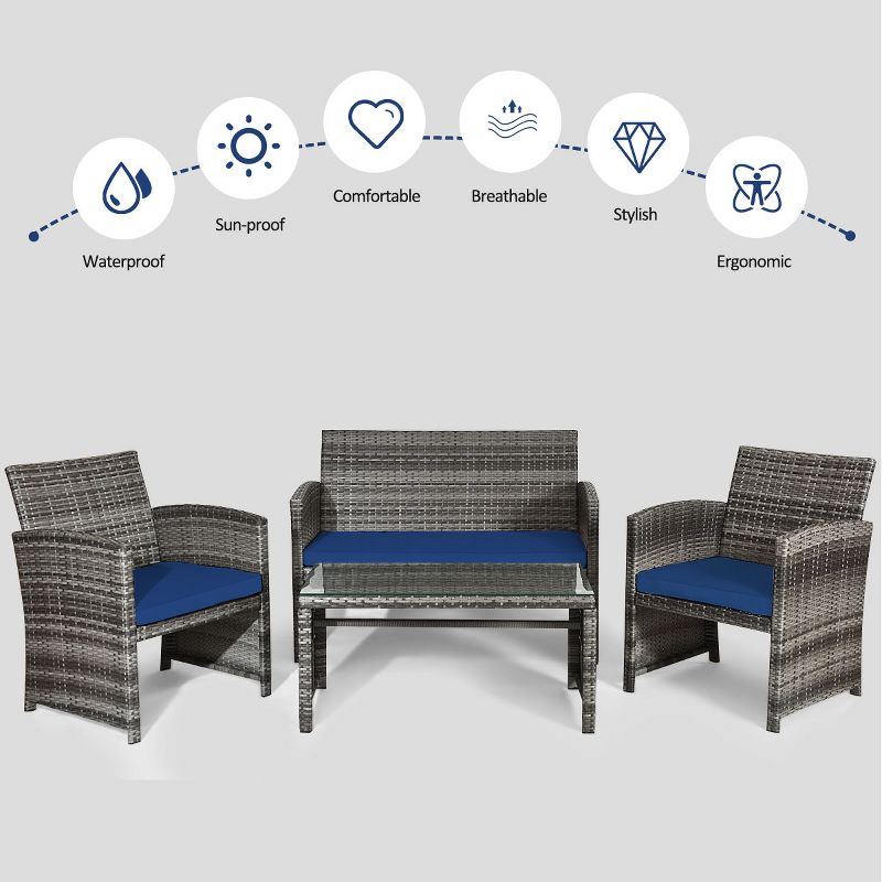Tangkula 8-Piece Outdoor Patio Furniture Set Rattan Wicker Conversation Sofa Set Navy, 5 of 8