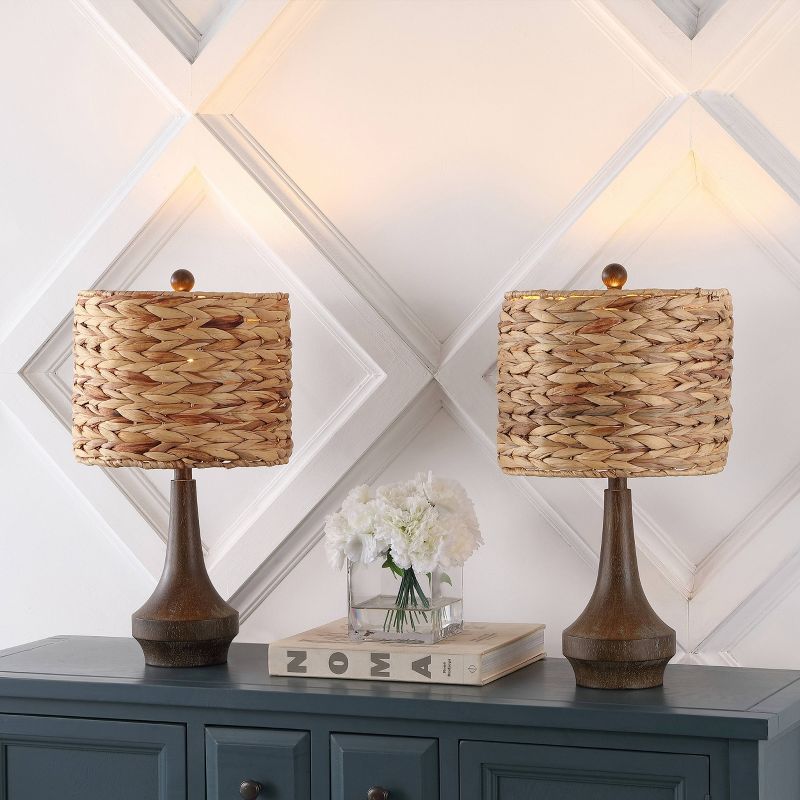 Set of 2 21&#34; Theodore Rustic Farmhouse Handwoven Rattan/Resin Table Lamps (Includes LED Light Bulb) Brown Wood Finish - JONATHAN Y, 2 of 10