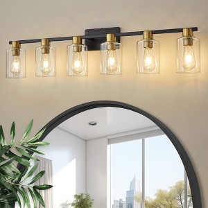 POWLIG 42.7-in 6-Light Black Modern Dimmable Bathroom Vanity Light with Cylindrical Glass Shade - 1 of 4