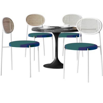 LeisureMod 5-PC Dining Set - 36" Round Dining Table Sintered Stone Top & Black Pedestal, 4 Velvet Dining Chairs in White Steel Legs