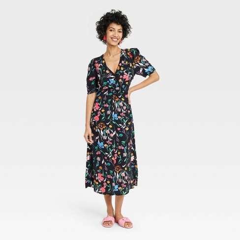 Women's Puff Short Sleeve Ruched A-line Dress - A New Day™ Black Floral :  Target