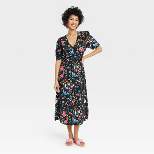 Women's Puff Short Sleeve Ruched A-Line Dress - A New Day™ Black Floral