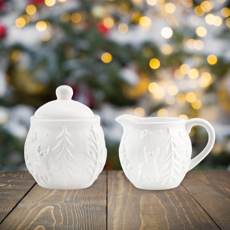 AuldHome Design White Reindeer Christmas Cream and Sugar Set; Ceramic Embossed Sugar Bowl w/ Cream Pitcher, 2 of 9