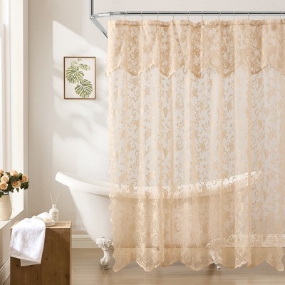 HLC.ME Harper Lace Shower Curtain for Bathroom with Floral Vine Design and Attached Valance – Elegant Victorian Classic Style